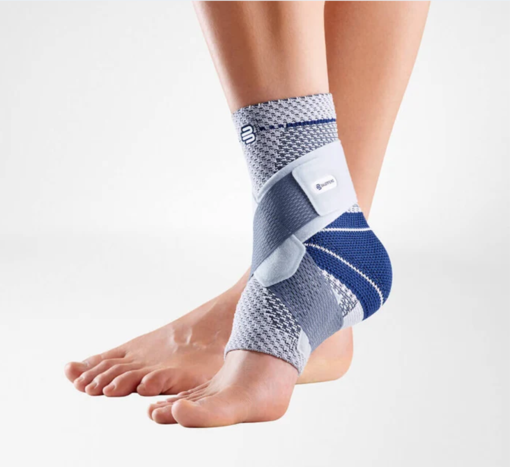 Bauerfeind knit ankle brace fitted and worn on a patient's ankle